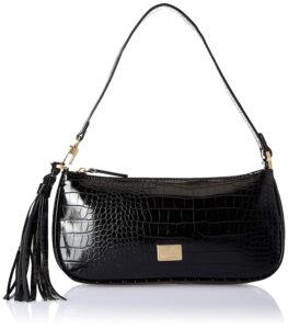 Synthetic material black colored shoulder bag 14 centimeters height x 29 centimeters length x 6 centimeters width Zip closure 1 compartment and 2 pockets Do not expose to extreme heat Embossed crocodile effect Made from smooth oxblood PU Finished with polished gold-tone hardware Tassel attached to the strap